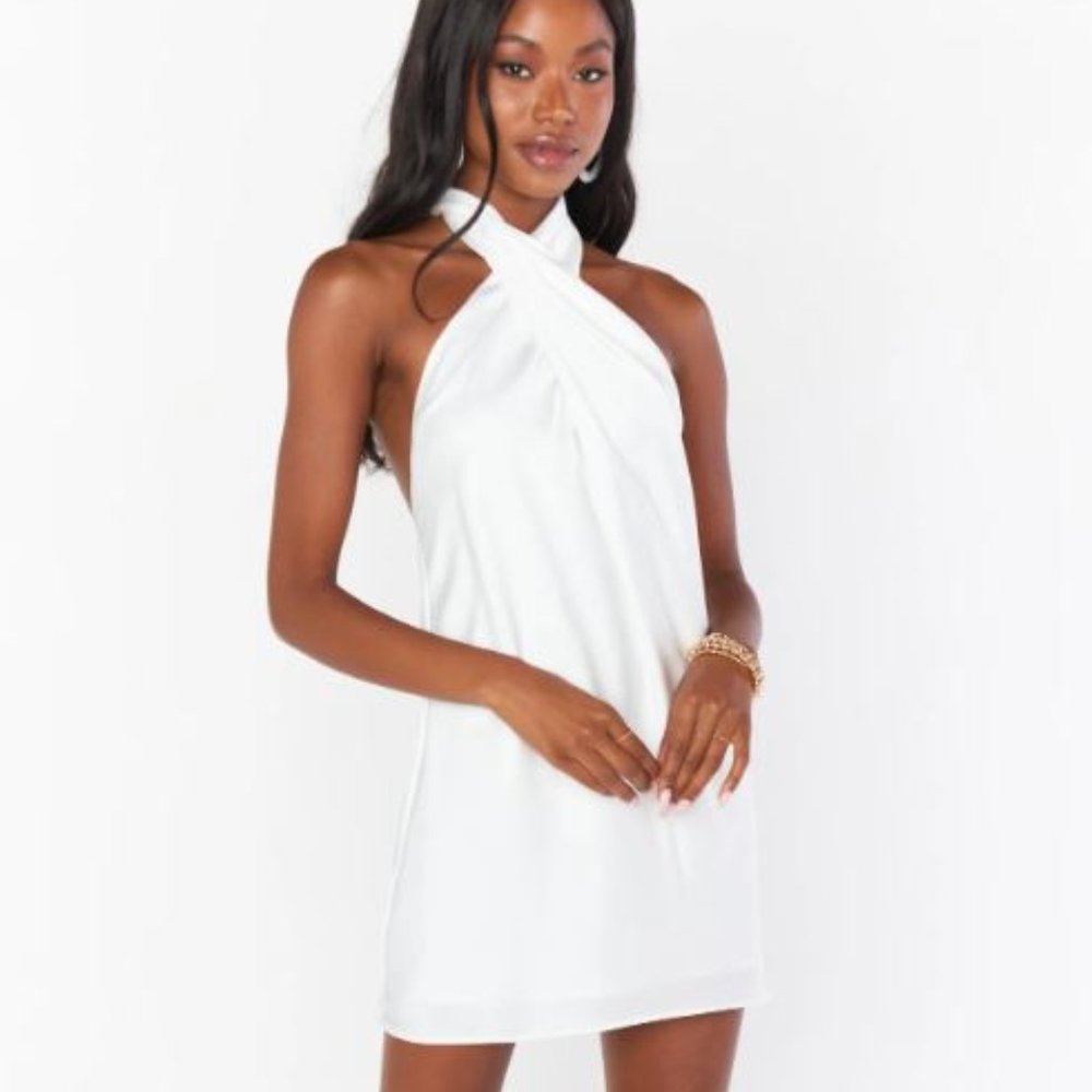 Show Me Your Mumu Jasmine Halter Mini Ivory White Luxe Satin Drapey Dress Small